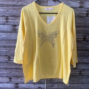Quacker Factory Women's Top Size L Yellow V-Neck Embellished Butterfly NWT‎